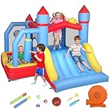AIYAPLAY Castillo Hinchable para Niños con Soplador, Castillo Hinchable con Tobogán, Zona de Salto, Piscina, Pilar de Boxeo y Aro de Baloncesto, para Niños 3-8 Años, Interior, Exterior, 277x270x215 cm