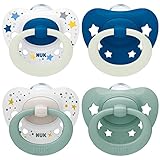 NUK Signature Day & Night chupete | 0-6 meses | Calma al 95 % de los bebés | Chupetes de silicona sin BPA en forma de corazón | Brilla en la oscuridad | Estrellas | 4 unidades