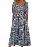 ABINGOO Mujere Vestidos de Verano Cuello Redondo Manga Corta Bohemio Floral de Playa Casual Midi Vestido Largos con Bolsillos(Margarita Azul,L)