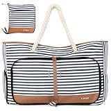 Lekespring Bolsa de Playa Grande XXL con Cremallera para Mujer, Bolso Familiar Impermeable y Plegable, Tote Bag con Compartimento Húmedo, Zapatos y 8 Bolsillos, Azul Rayas