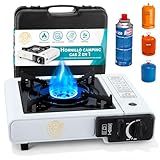 Campin Gas, 2 en 1, Hornillo Camping Gas Portátil, Adaptador para Bombona Grande o para Cartuchos, Ideal para Camping Emergecias, Maletín incluido