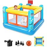 Castillo Hinchable para niños de 3 a 6 años, pequeña casa de Juegos Hinchable de PVC con cojín de Saltar, Canasta de Baloncesto y Juego de Saltar, Incluye Bomba de Aire