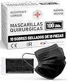 ADESTE – 100 Mascarillas Quirúrgicas desechables Negras Tipo IIR, 3 Capas, Certificada CE Homologada, Material Hipo Alergénicos, Resistente a Salpicaduras, Filtración BFE 98%