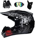 Cara Completa MTB Casco Motocross, Unisexo Fuera de La Carretera Moto Casco con Gafas Guantes Mascarilla, Cuesta Abajo ATV BMX Enduro Carreras Quad Dirt Bike Chocar Casco(Black,M(54~55cm))