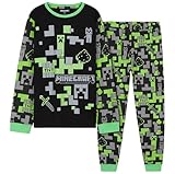 Minecraft Conjunto de Pijama Niño, Pantalón y Camiseta Largos - Regalo Niños y Adolescentes (Negro/Verde, 11-12 años)