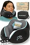 FLOWZOOM Comfy Almohada de Viaje Viscoelástica – Soporte Ajustable 360°, Funda de Felpa Suave y Lavable, con Bolsa Compacta – Cojín de Cuello para Avión, Coche y Tren – Negro