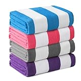 Whale Flotilla Juego de 4 Toallas de Playa de Microfibra, Toalla de Baño Piscina Ducha con Patrón de Rayas Rojo, Gris, Azul, Morado, 76 x 152 cm, Suave, Ligera, Absorbente