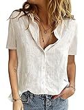 PASUDA Blusas de Mujer Algodón Camiseta Manga Corta Elegante Verano Camisa con Botón Cuello en V Casual Blusa Shirts Tunic Tops (Blanco, XXL)