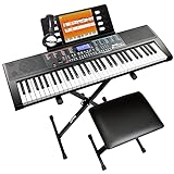 RockJam Kit de piano de teclado de llave de Rockjam 61 con soporte de teclado, banco, auriculares, nota Pegatinas y lecciones, Color Negro