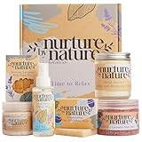 NURTURE BY NATURE Set de Regalo de Bienestar para Mujer – Set spa con spray de almohada de lavanda, exfoliante corporal, bomba de baño y vela perfumada – vegano – regalo San Valentín y Día de la Madre