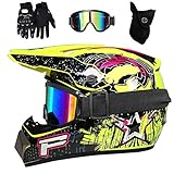 Unisexo MTB Casco de Motocross, Juventud Niños Integral Todoterreno ATV Moto Cascos, Deporte Al Aire Libre Descenso Enduro Quad Dirt Bike Chocar Casco, con Gafas Guantes Mascarilla(Yellow,S/52-53CM)