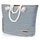 Lekespring Bolsa de Playa Grande con Cremallera, Bolso de Playa Mujer XXL con Compartimento Húmedo y Bolsillo para Zapatos, Bolsa Piscina Plegable de Tela Resistente al Agua, Rayas