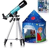 Bresser - Telescopio Refractor Junior 50/360 para niños - Juego de iniciación a la astronomía con Tienda, telescopio Refractor, trípode, Montura azimutal, oculares y Espejo cenital