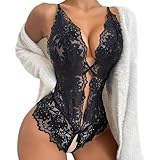 ROSVAY Body para Mujer Sexy Lencería Encaje Ropa Interior de Dormir Bodysuit Una Pieza con Aberturas Babydoll Escote en V Profundo Camisón sin Espalda Conjunto Lenceria Pijamas Monokini