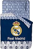 Real Madrid Juego de Sábanas 2021. Licencia Oficial Diseño Escudo Centrado Fondo Azul Marino. Cama de 90.