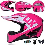 Casco De Moto Mujer Hombre Cascos De MTB De Cara Completa Casco De Motocross Certificado Dot/ECE con Gafas Máscara Guantes Ciclomotor Seguridad Cascos De Descenso para Cruiser Chopper,Pink-S