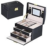 DCCN Jewellery Box Estuche de cosméticos Caja de Almacenamiento de joyería de Cuero de PU de Tres Capas con Espejo y Cerradura, Regalo para niñas o Mujeres(Negro)