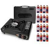 UBOON Hornillo de Gas Portátil con Maletín, Estufa de Camping, Metal, Compatible con Cartuchos Butano y Bombona, Protección contra Sobrecalentamiento (Incluye 12 Bombonas de Gas)