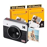 KODAK Mini Shot 3 Retro 4PASS 2-en-1 Cámara Instantánea e Impresora de Fotos (7,6x7,6cm) + Pack con 68 Hojas, Blanco