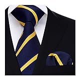 HISDERN Corbata Azul Marino Amarillo Corbatas para Hombre Corbata y Panuelo de Bolsillo Rayas Corbata