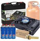 Camping Gas Portatil con adaptador de Bombona + 4 Cartuchos, Pack Hornillo + 4 Cartuchos, Hornillo Camping Gas Portátil, Cocinal, Infernillo, Fogareiro