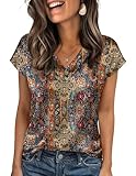 Zeagoo Blusa satén Mujer Cuello en V Manga Corta Tops de Seda Elegantes Camisas de Negocios de Manga Corta Blusa de Seda de Verano Patrones étnicos 721 XL