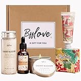 BFFLOVE Regalos para Mujer, Set de Baño y Ducha a Cerezo, Caja de Regalo de Cumpleaños, Set de Spa Incluye Sales de Baño, Vela Perfumada, Aceite de Masaje, Crema de Manos, Jabón