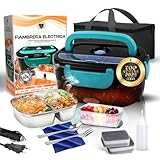 DAVANSU® SUPER PACK Fiambrera Electrica 80W 4 en 1 + 7 ACCESORIOS | 12V/24V/220V~240V Calentador de Comida Portatil con Termo para Coche Camión, Trabajo 1.5L |Acero Inoxidable 304|Fiambrera termica