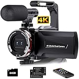 Hojocojo Cámara de vídeo 4K 64MP Videocámara Vlogging Cámara,Doble Objetivo 3' 270° Pantalla giratoria Vlog Cámara con Tarjeta de 64GB, Micrófono, Estabilizador,Control Remoto,2 Baterías
