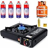 Camping Gas Portatil, Adaptador de Bombona, Hornillo + 4 Cartuchos, Hornillo Camping Gas Portátil, Cocina, Infernillo, Fogareiro (Horno+Adaptador bombona+4Botellas) (Hornillo+4Recambios)