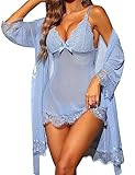 RSLOVE - Picardí sexy para mujer, conjunto de lencería de 3 piezas, vestido de noche, babydoll con tanga, conjunto de lencería de encaje femenino, azul, M