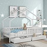 Moimhear Bonita cama infantil con 2 cajones de madera maciza con somier de láminas, para habitación de niños y niños con protección anticaídas, color blanco (90 x 200 cm)