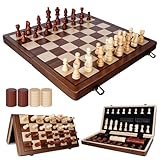 Echecs en Bois, ajedrez - Juego de ajedrez magnético 2 en 1 con tablero plegable para un almacenamiento fácil, ideal para fiestas y eventos familiares (39 x 39 cm)