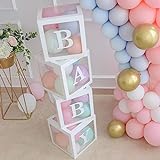 ALITREND - Cajas para baby shower, decoración para fiestas, 4 cajas transparentes para globos con letras en inglés, para revelar el sexo del bebé