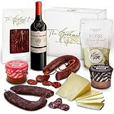 GOURMET BOX | Cesta Gourmet con Vino | Productos Ibéricos Delicatessen, Queso de Oveja 100%, Patés (Morcilla y Perdiz), Picos Gourmet y Vino Ramon Bilbao