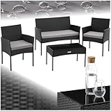 tectake® Conjunto Jardin Exterior de Ratán, Muebles Jardin Exterior para 4 Personas, Muebles Terraza con Mesa de Vidrio, Sofa Exterior y Sillas con Cojines Lavables, Sillon Cómodo - Negro