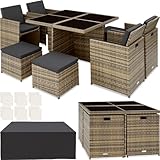 tectake® Conjunto Jardín Exterior de Ratán y Aluminio, Muebles Jardín Exterior Resistentes a la Intemperie, para hasta 8 Personas, con 2 Juegos de Fundas y Funda Protectora - Natural
