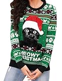 Jezonga Jersey Navideño para Mujer Suéter navideño Feo para Mujer Suéter Rojo con Cuello Redondo para Mujer Funny Cat