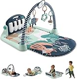 Fisher-Price Gimnasio-piano pataditas Alfombra de juego para bebés con juguetes musicales y sensoriales para recién nacidos y niños pequeños, azul marino y beige, JMN75