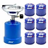 KROWN - Hornillo Camping Gas Cocina Portátil + 6 Bombonas 190g para Acampada, Campo, Playa, Montaña, Quemador con Regulador de Gas Butano