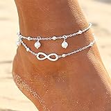 Zoestar - Tobillera doble, de plata, con perlas, estilo bohemio, pulsera para el tobillo, cadena con cuentas, para pie, joyería, para mujeres y niñas