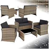 tectake® Conjunto Jardín de Ratán y Acero, Muebles Jardín Exterior, 2 Sillones 1 Sofá 1 Mesa con Cristal, Conjunto Terraza Resistente a Intemperie, con Cojines, Fundas Extraíbles - natural/gris oscuro