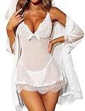 RSLOVE - Babydoll sexy para mujer, vestido de noche, lencería con G-String, conjunto de lencería de encaje femenino, 3 piezas, blanco, L