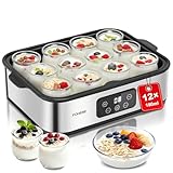 FOHERE Yogurtera con 12 x 180 ml Vasos y Tapas, 25 W Máquina de Yogur Griega, LCD Pantalla de un Solo Toque, Tiempo y Temperatura ajustables, sin BPA, Apagado automático