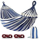 Hamacas Colgantes, Hamaca Jardin Exterior con Travesaño und Bolsa de Transporte, 275 x 155 cm, Capacidad de Carga de 250 kg, Tela Cómoda & Fácil de Montar Azúl & Blanco
