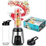 3JG® Batidora de Vaso Portátil Titan Power 300W, 2 Vasos Portátiles de 600ml de plastico y 2 Tapas, Sin BPA, Batidora de vaso, Mini Batidora Proteinas, 4 Cuchillas de Acero Inoxidable.