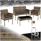 tectake® Conjunto Jardin Exterior de Ratán, Muebles Jardin Exterior para 4 Personas, Muebles Terraza con Mesa de Vidrio, Sofa Exterior y Sillas con Cojines Lavables, Sillon Cómodo - Natural