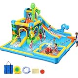 Tobogán acuático Inflable Castillo Hinchable con soplador para niños de 3 años + años, tobogán seco/acuático, Dinosaurios con 2 toboganes, Piscina Infantil y Piscina, Canasta de Baloncesto, cañón de