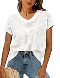 Gyabnw Camiseta Mujer de Punto Calado Manga Corta Cuello en V Tejido Ligero Blusa Casual de Verano