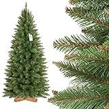 FAIRYTREES Árbol de Navidad Artificial, Pícea Natural Slim, Tronco Verde, Soporte de Madera, 150cm, FT12-150